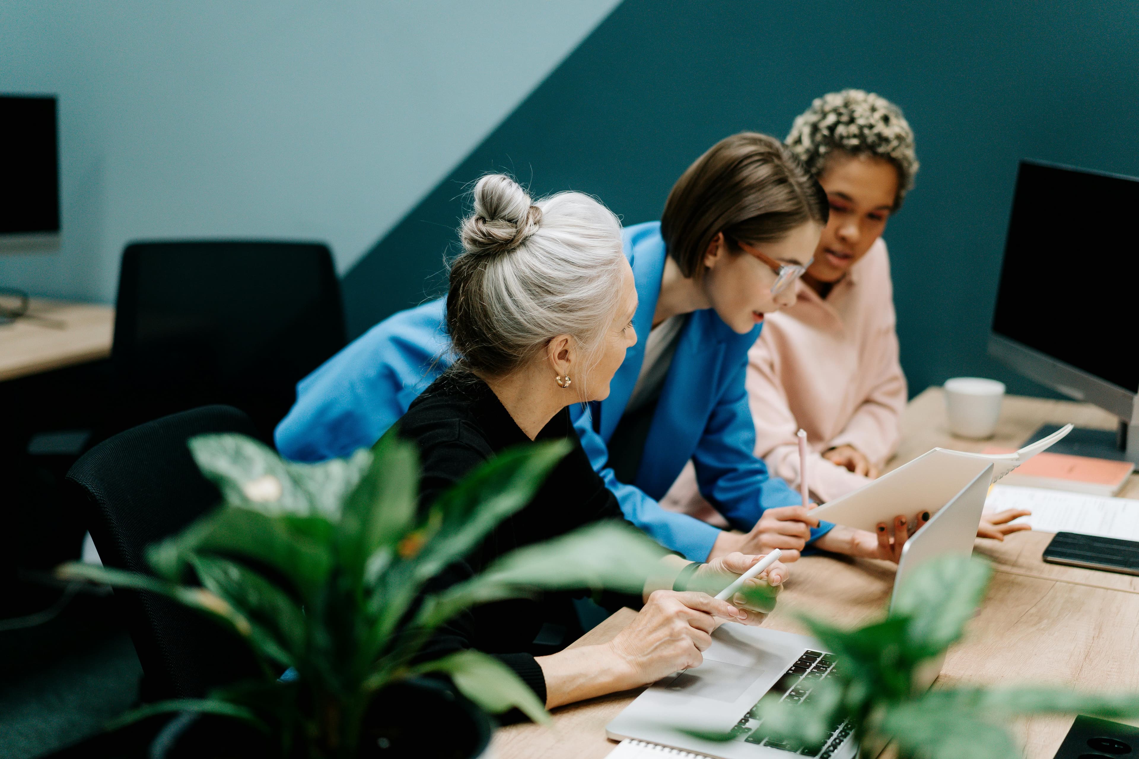 A team in a presentation or meeting setting